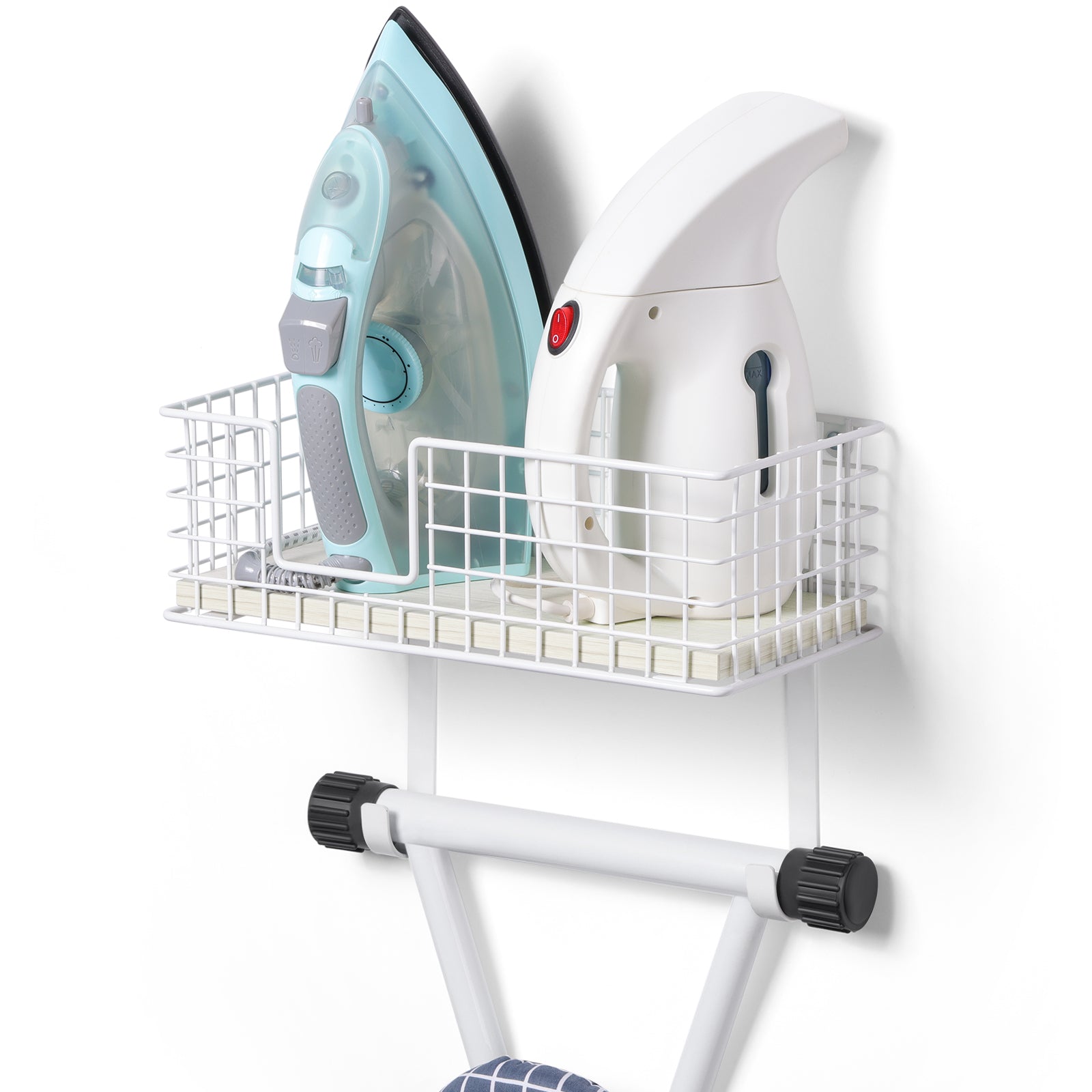 Wall-Mounted Iron and Ironing Board Organizer with Storage Basket, MDF Shelf, and Detachable Hooks for T-Leg Boards, White