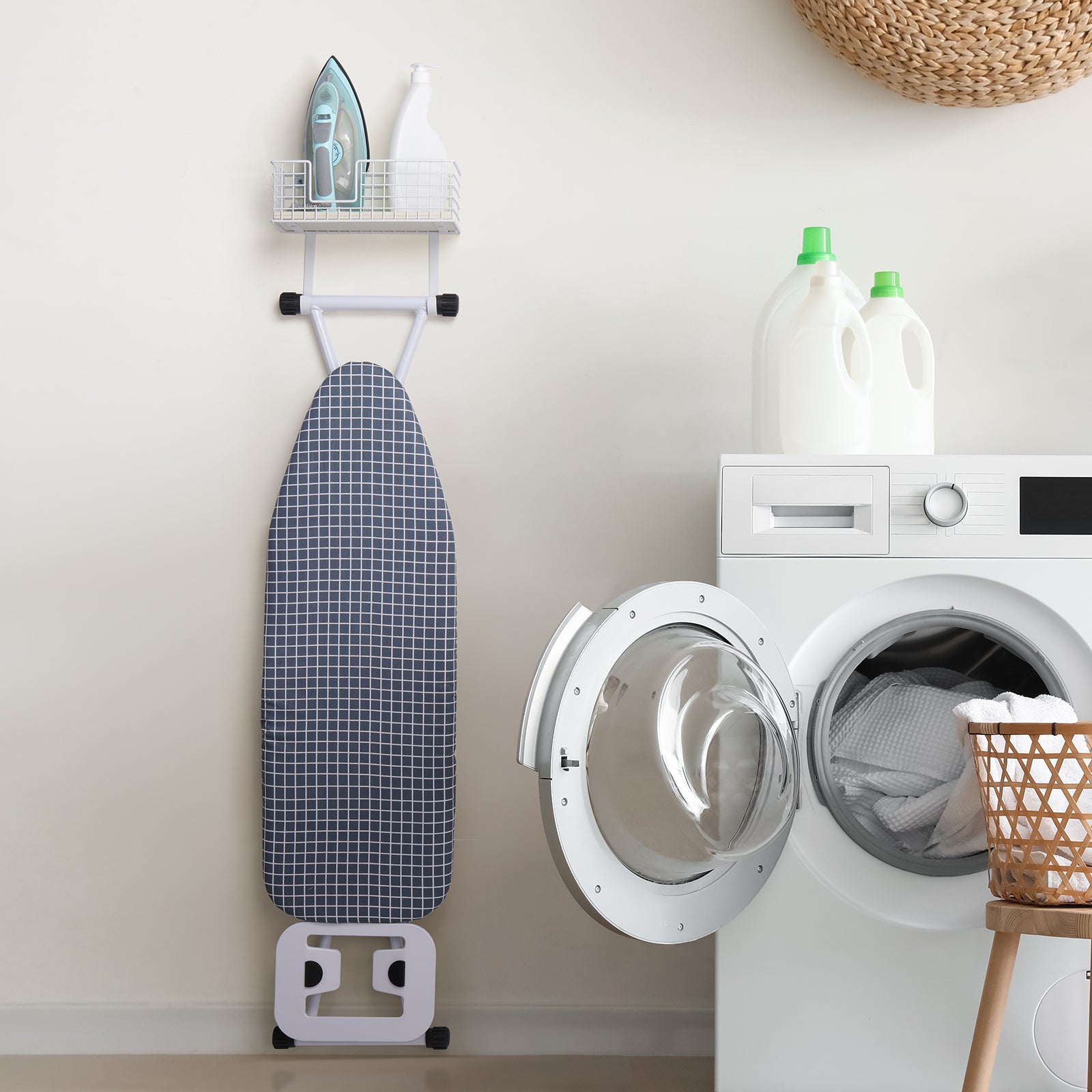 Wall-Mounted Iron and Ironing Board Organizer with Storage Basket, MDF Shelf, and Detachable Hooks for T-Leg Boards, White