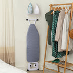 Wall-Mounted Iron and Ironing Board Organizer with Storage Basket, MDF Shelf, and Detachable Hooks for T-Leg Boards, White