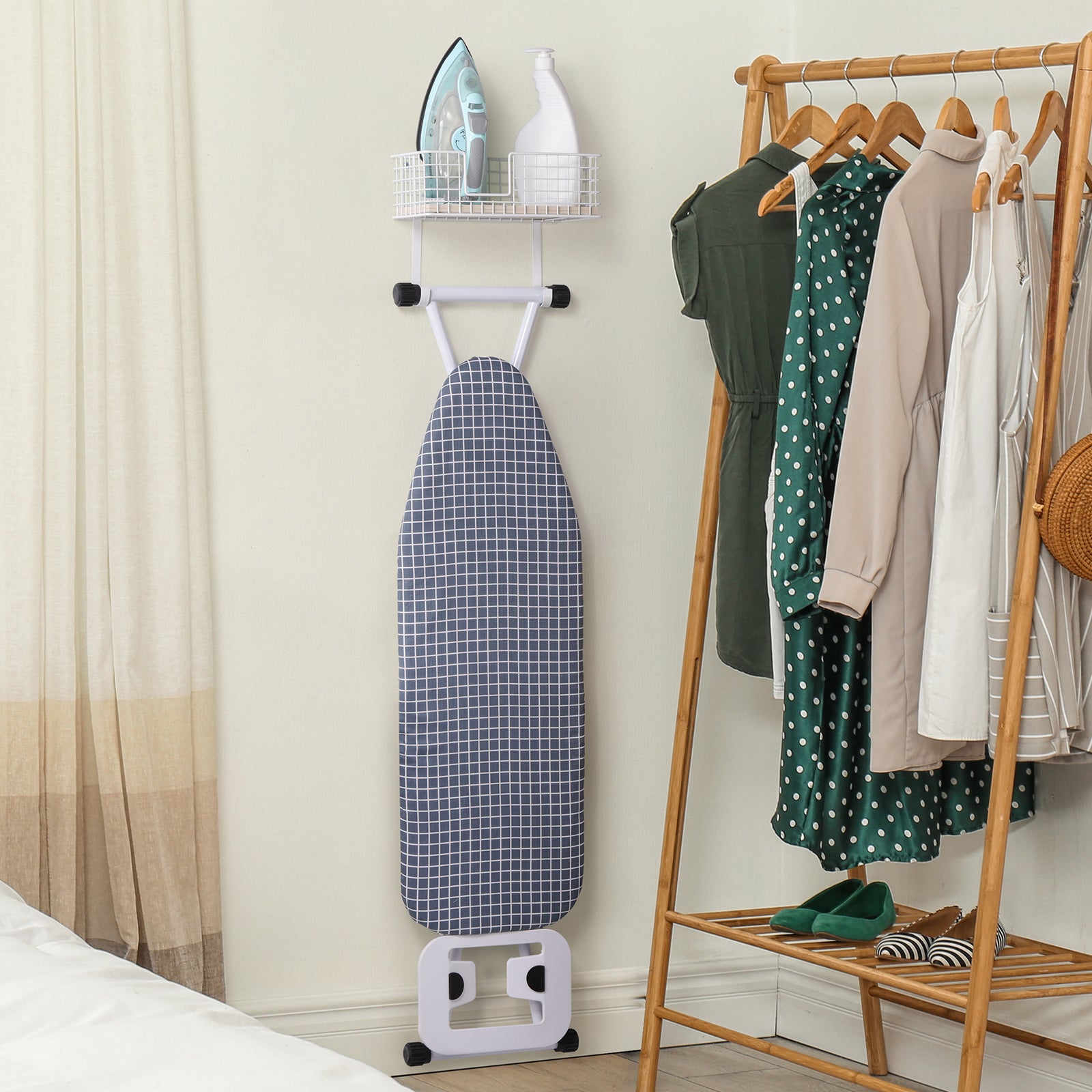 Wall-Mounted Iron and Ironing Board Organizer with Storage Basket, MDF Shelf, and Detachable Hooks for T-Leg Boards, White