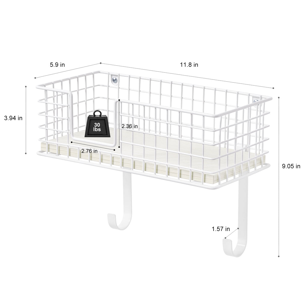 Wall-Mounted Iron and Ironing Board Organizer with Storage Basket, MDF Shelf, and Detachable Hooks for T-Leg Boards, White