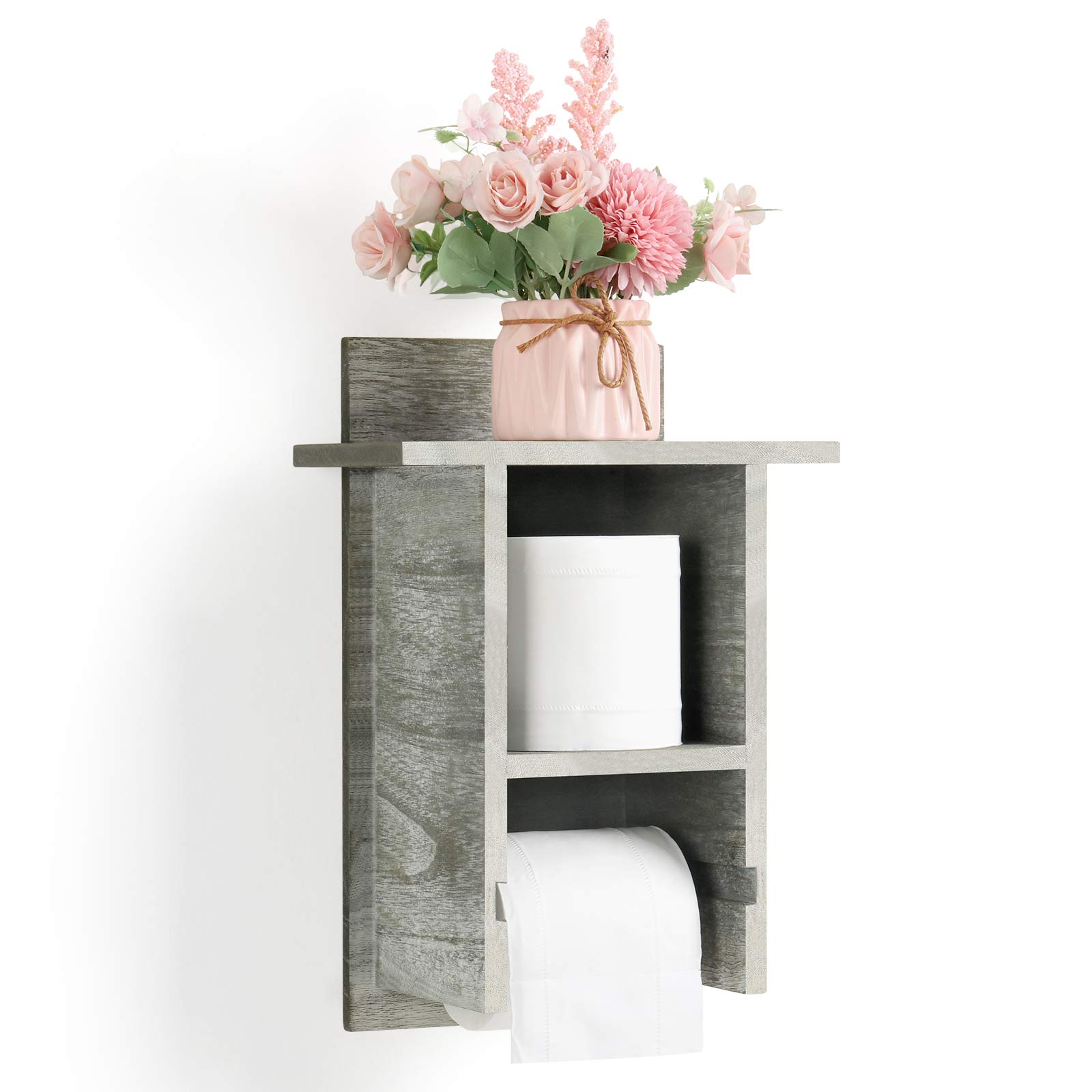 Wall-Mounted Bathroom Tissue Dispenser with Integrated Storage Shelf and Decorative Roll Organizer