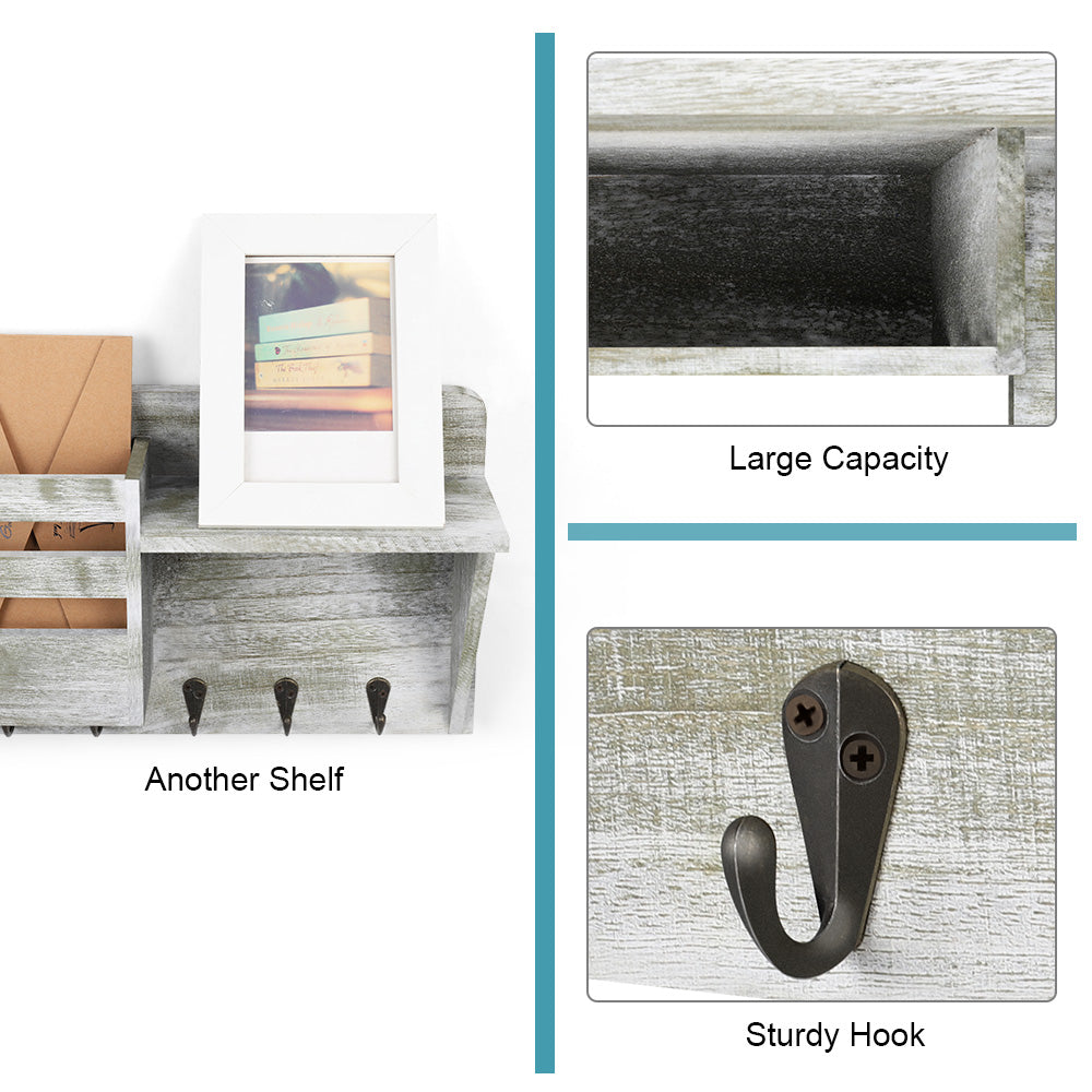 Rustic Wall-Mounted Mail Organizer - Wooden Key Holder with Storage Shelf - Entryway Letter Sorter & 5 Hooks for Farmhouse Home Decor
