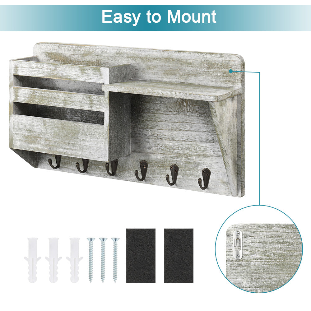 Rustic Wall-Mounted Mail Organizer - Wooden Key Holder with Storage Shelf - Entryway Letter Sorter & 5 Hooks for Farmhouse Home Decor