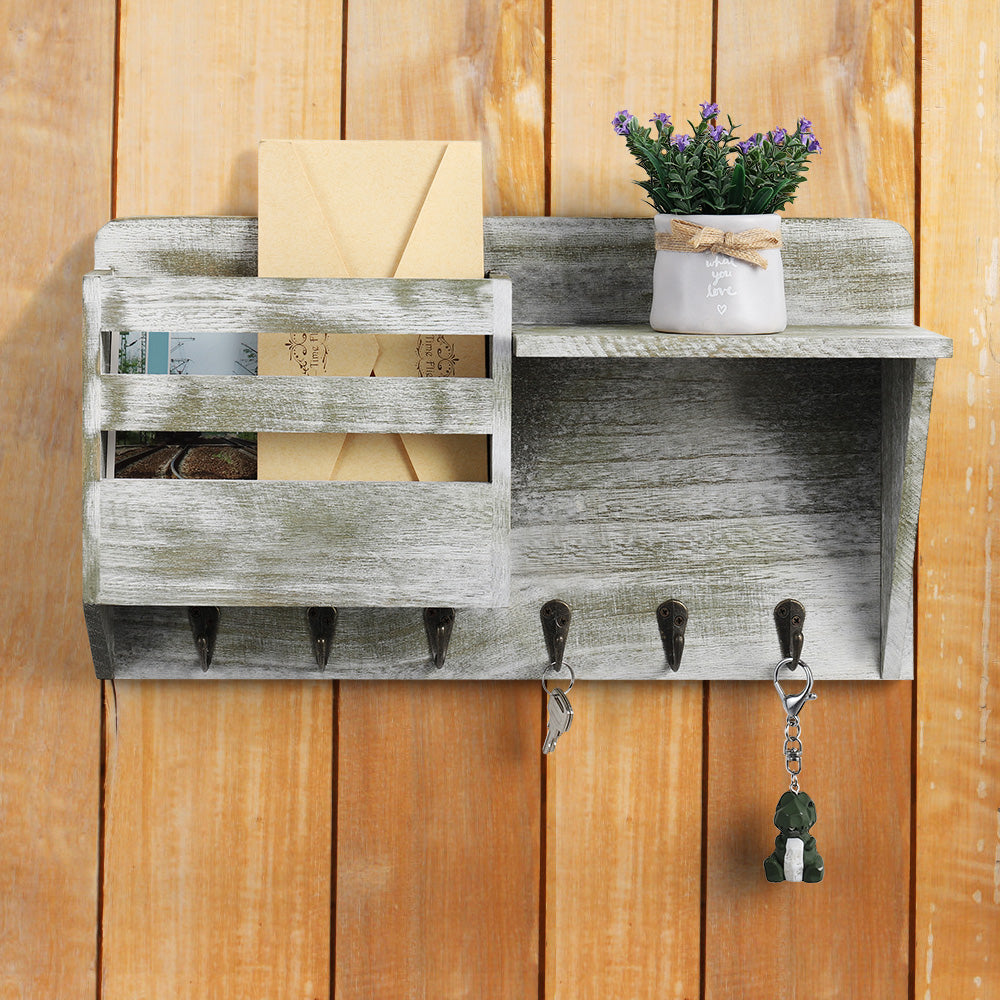 Rustic Wall-Mounted Mail Organizer - Wooden Key Holder with Storage Shelf - Entryway Letter Sorter & 5 Hooks for Farmhouse Home Decor