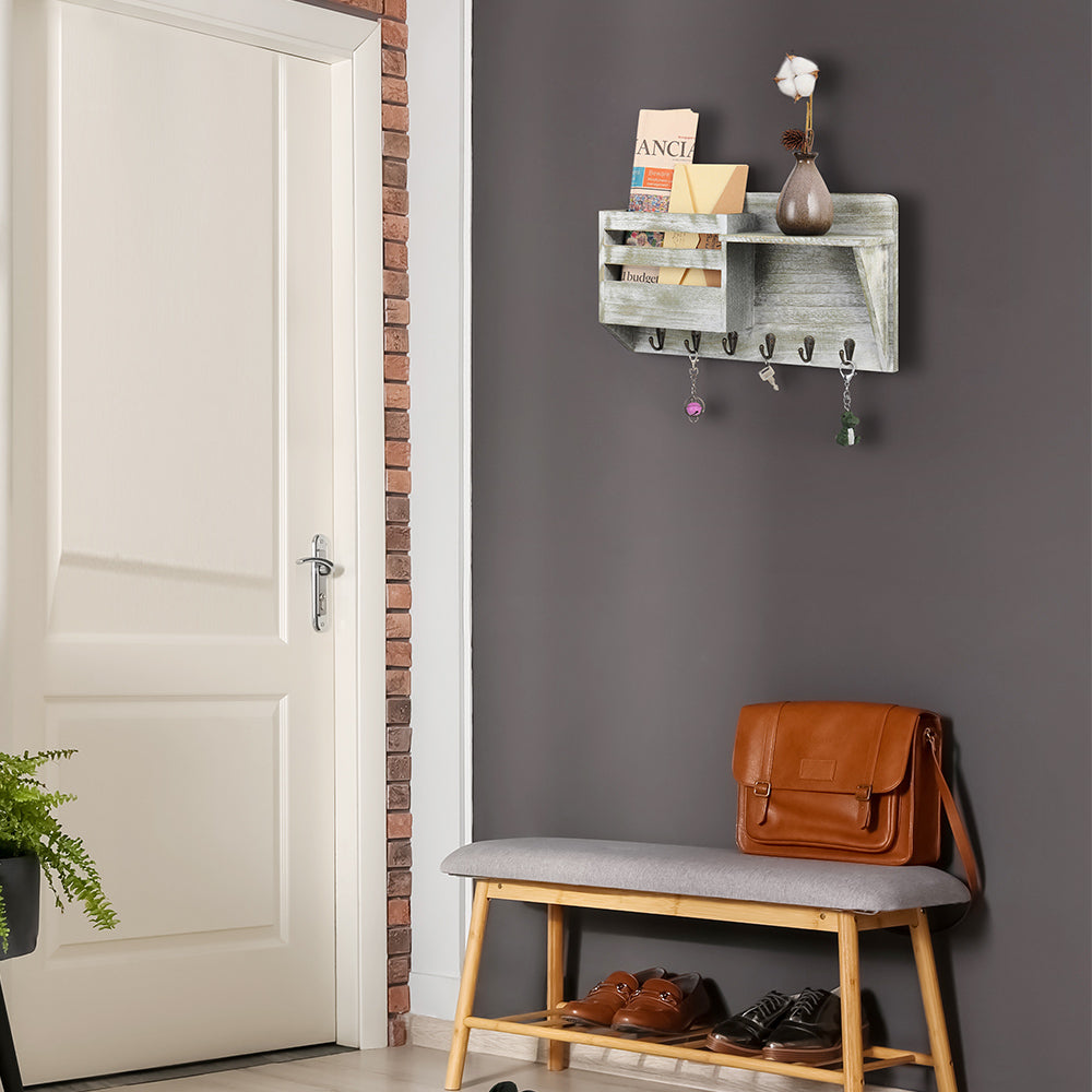 Rustic Wall-Mounted Mail Organizer - Wooden Key Holder with Storage Shelf - Entryway Letter Sorter & 5 Hooks for Farmhouse Home Decor