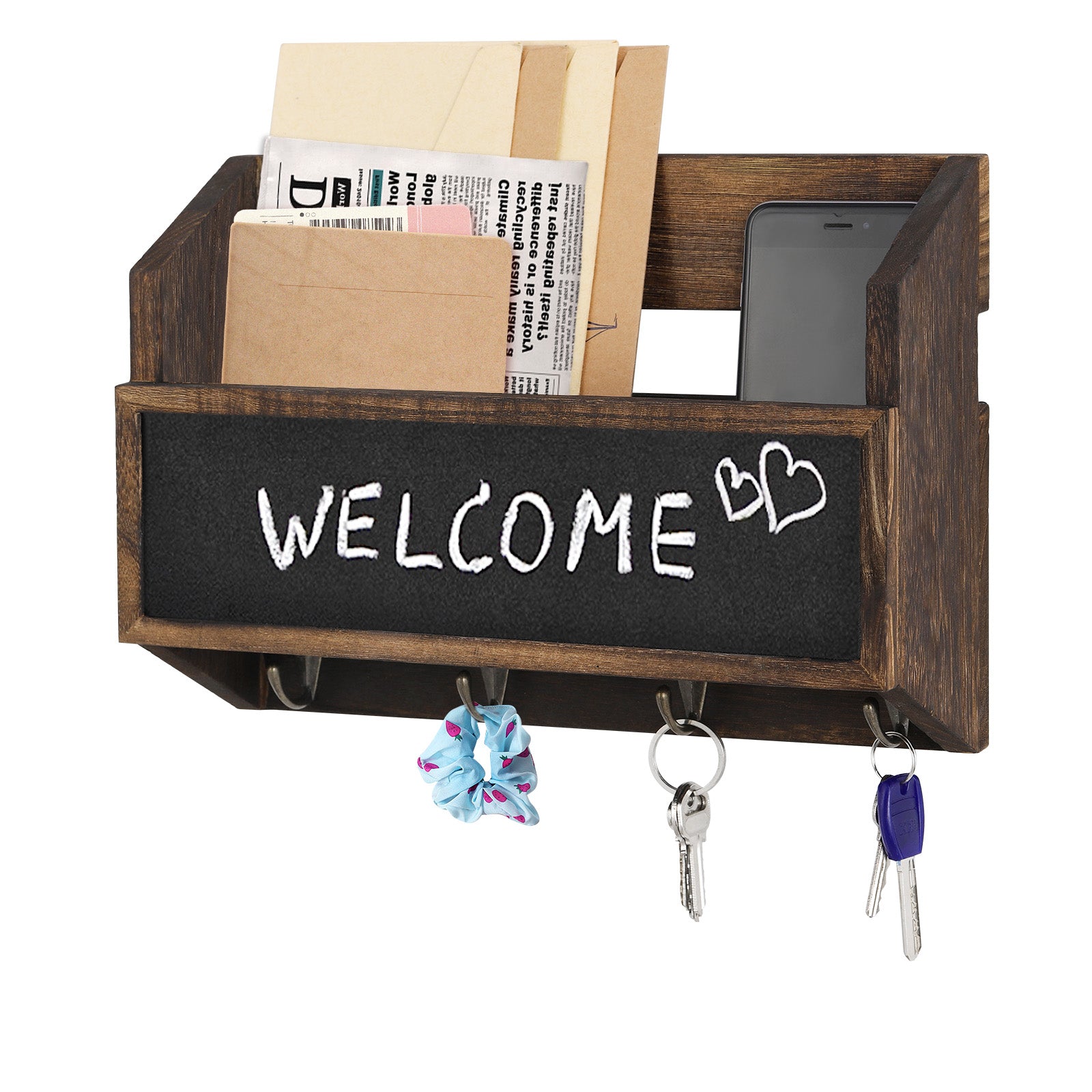 Mail Sorter Wall Mounted, Wooden Mail Holder with 4 Key Hooks, 1 Slot Letter Bills Newspaper Magazine Organizer for Entryroom Hallway Office Garage, Gray White