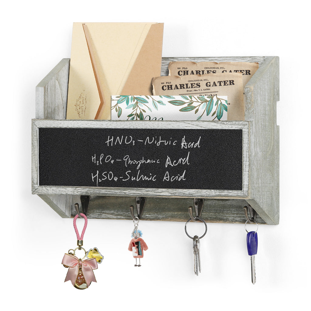 Mail Sorter Wall Mounted, Wooden Mail Holder with 4 Key Hooks, 1 Slot Letter Bills Newspaper Magazine Organizer for Entryroom Hallway Office Garage, Gray White