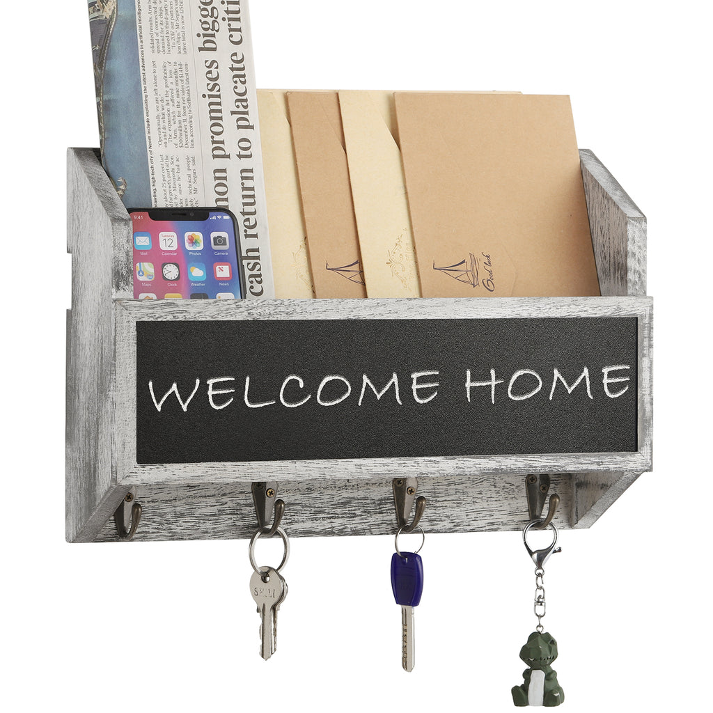 Mail Sorter Wall Mounted, Wooden Mail Holder with 4 Key Hooks, 1 Slot Letter Bills Newspaper Magazine Organizer for Entryroom Hallway Office Garage, Gray White