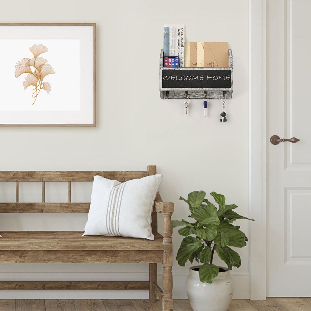 Mail Sorter Wall Mounted, Wooden Mail Holder with 4 Key Hooks, 1 Slot Letter Bills Newspaper Magazine Organizer for Entryroom Hallway Office Garage, Gray White