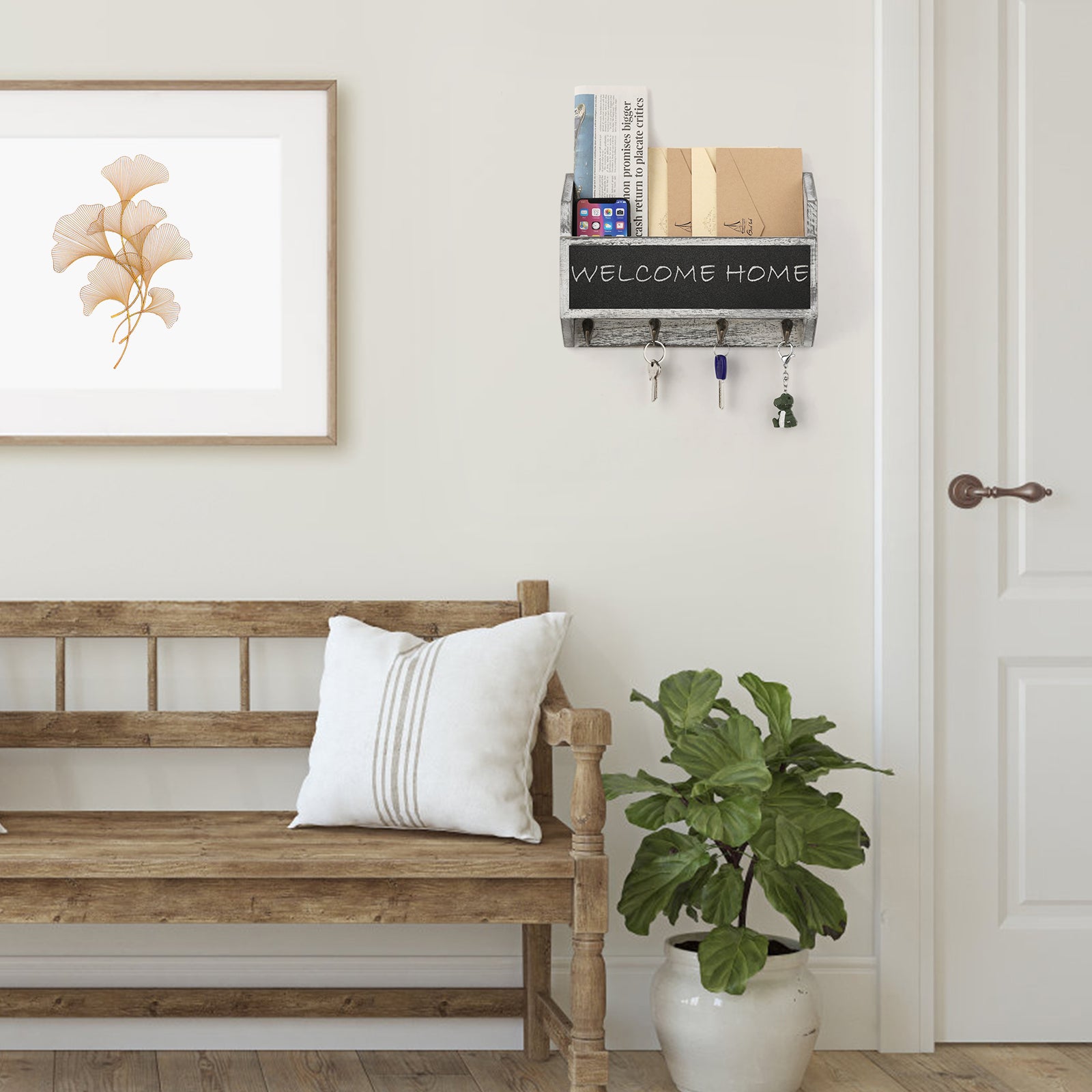 Mail Sorter Wall Mounted, Wooden Mail Holder with 4 Key Hooks, 1 Slot Letter Bills Newspaper Magazine Organizer for Entryroom Hallway Office Garage, Gray White