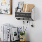 Mail Sorter Wall Mounted, Wooden Mail Holder with 4 Key Hooks, 1 Slot Letter Bills Newspaper Magazine Organizer for Entryroom Hallway Office Garage, Gray White