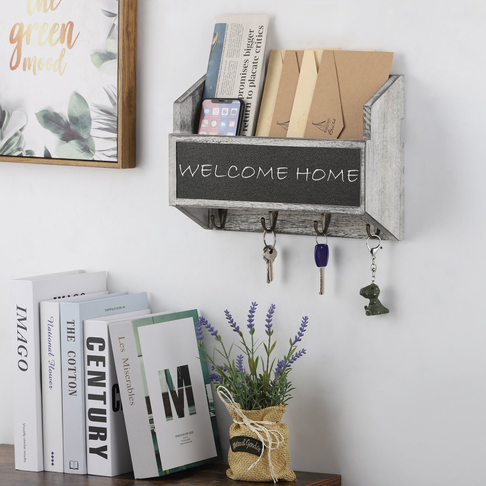 Mail Sorter Wall Mounted, Wooden Mail Holder with 4 Key Hooks, 1 Slot Letter Bills Newspaper Magazine Organizer for Entryroom Hallway Office Garage, Gray White