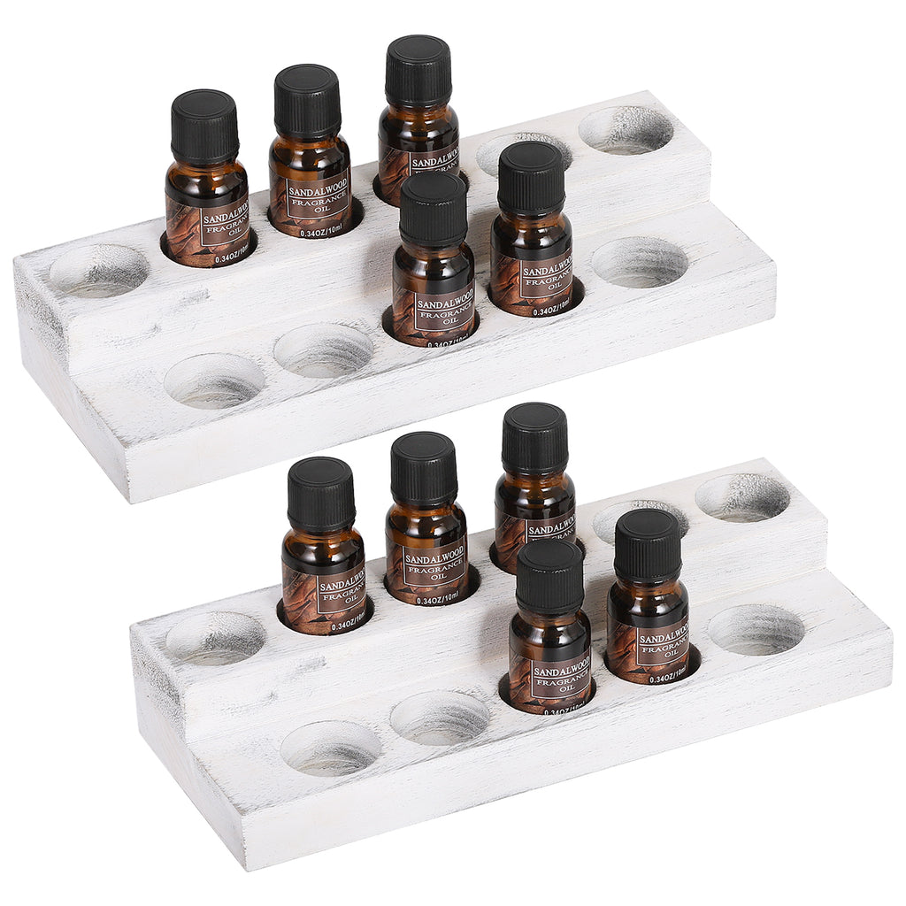 Set of 2 Essential Oil Storage Racks, 2-Tier White-Wash Wooden Display Holders for 5/10/15/20ml Bottles, Nail Polish Organizer