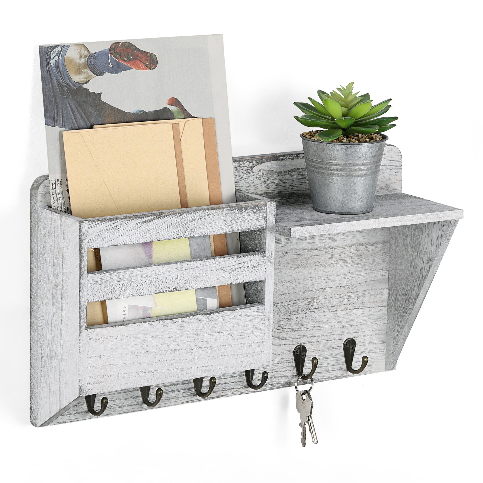 Rustic Wall-Mounted Mail Organizer - Wooden Key Holder with Storage Shelf - Entryway Letter Sorter & 5 Hooks for Farmhouse Home Decor