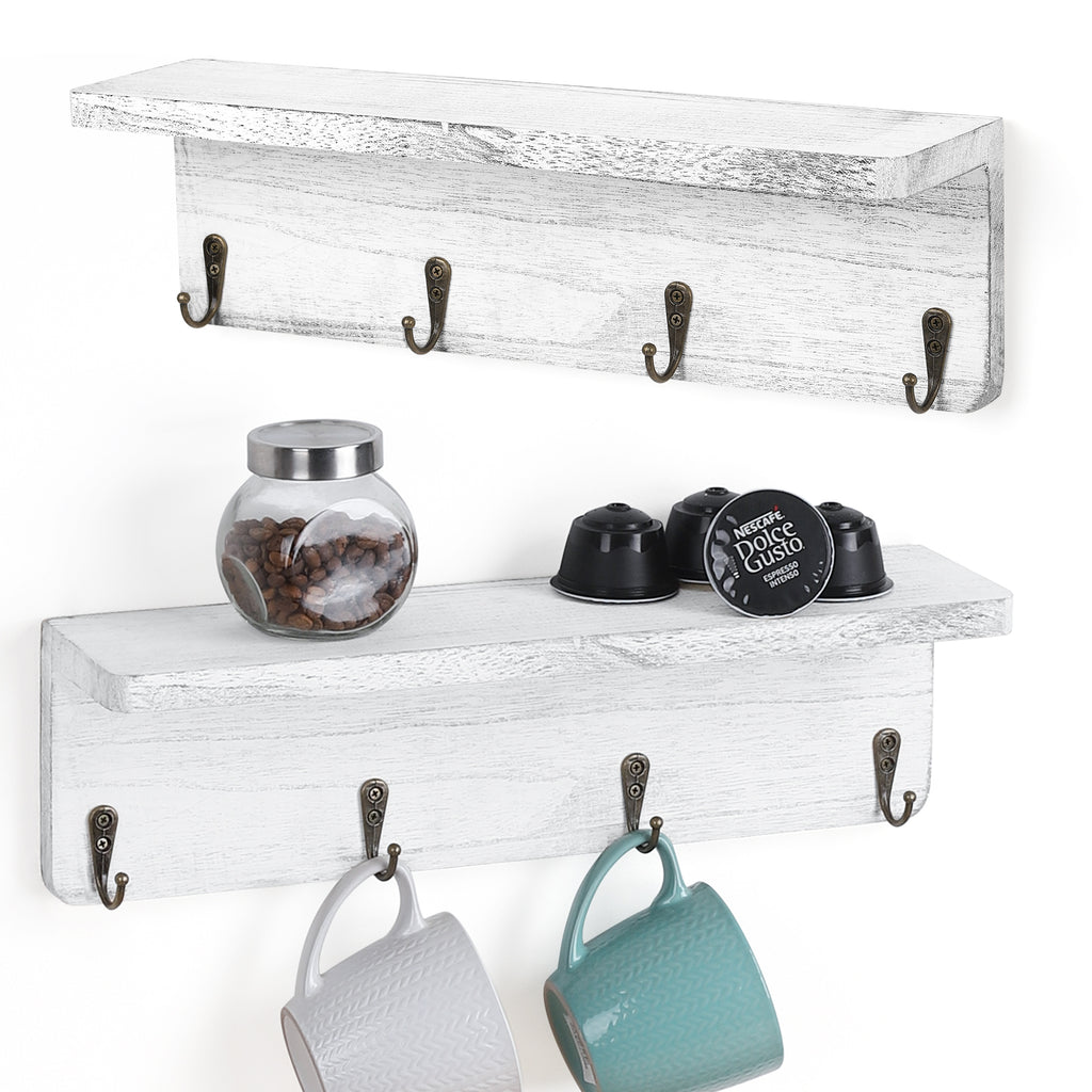 2-Pack Floating Wall Shelves with Integrated Hooks and Storage, Wood Entryway Organizer for Hats, Keys, and Towels, Ideal for Home Decor in Living Rooms and Bedrooms