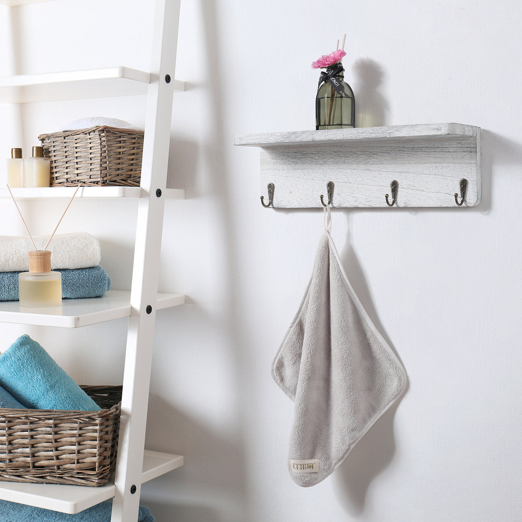 2-Pack Floating Wall Shelves with Integrated Hooks and Storage, Wood Entryway Organizer for Hats, Keys, and Towels, Ideal for Home Decor in Living Rooms and Bedrooms