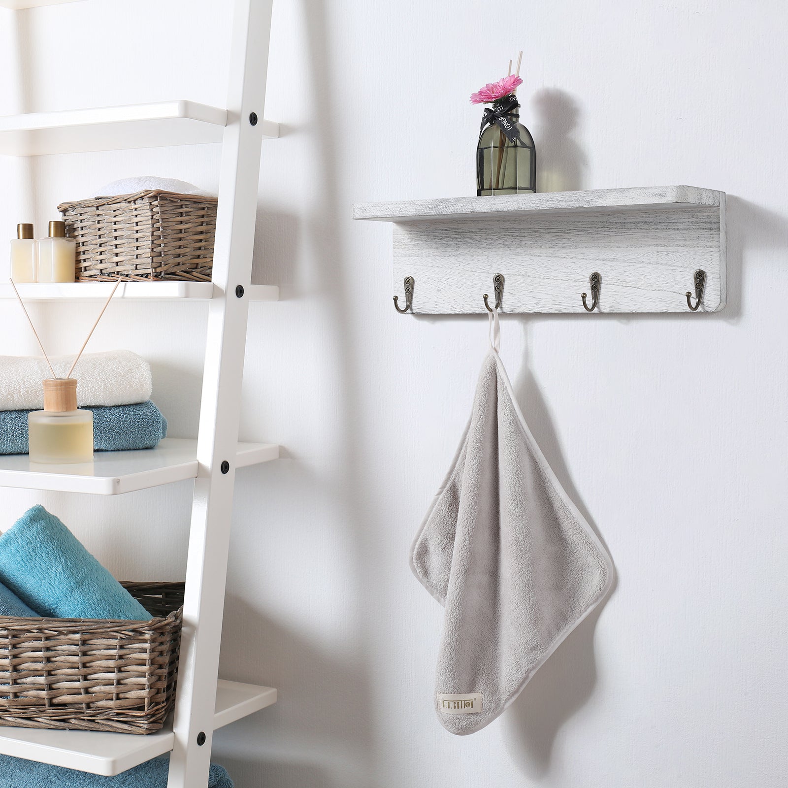 2-Pack Floating Wall Shelves with Integrated Hooks and Storage, Wood Entryway Organizer for Hats, Keys, and Towels, Ideal for Home Decor in Living Rooms and Bedrooms