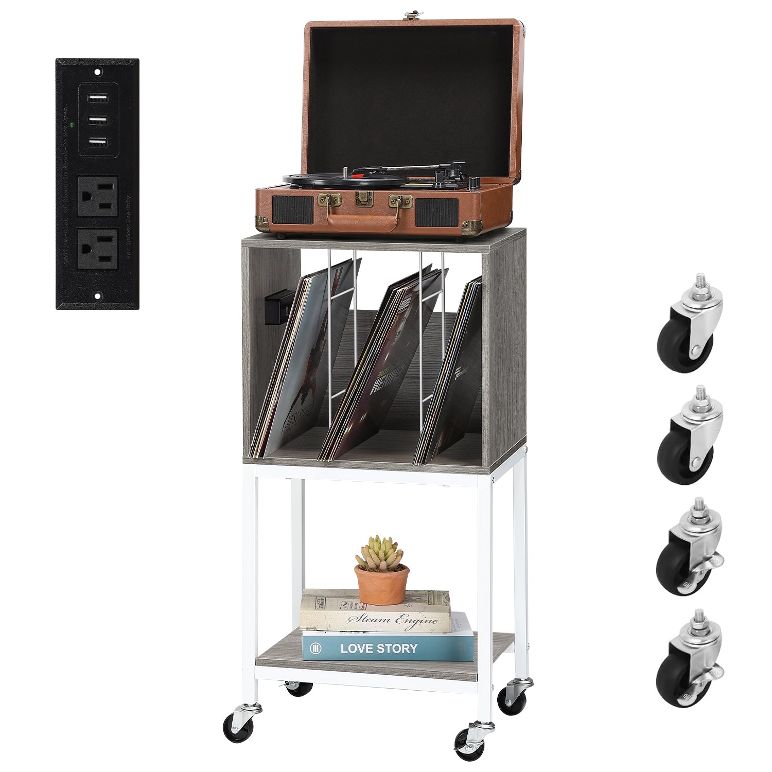 3-Tier Turntable Station and Vinyl Storage Cabinet with Built-in Charging Port, Versatile End Table for Media Organization in Living Room or Bedroom