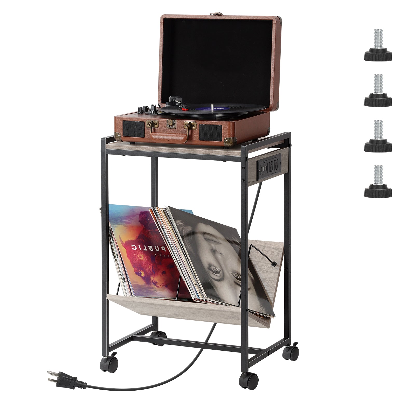 Rolling Record Player Stand with Charging Station, Grey End Table with Vinyl Record Storage, Turntable Stand with USB Ports for Living Room, Bedroom