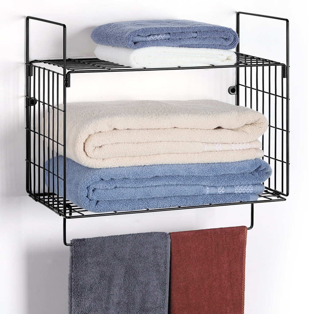 2 Tier White Wall Mounted Bathroom Shelf with Integrated Towel Bar, Metal Hanging Storage Organizer for Kitchen or Laundry Room