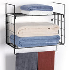 2 Tier White Wall Mounted Bathroom Shelf with Integrated Towel Bar, Metal Hanging Storage Organizer for Kitchen or Laundry Room