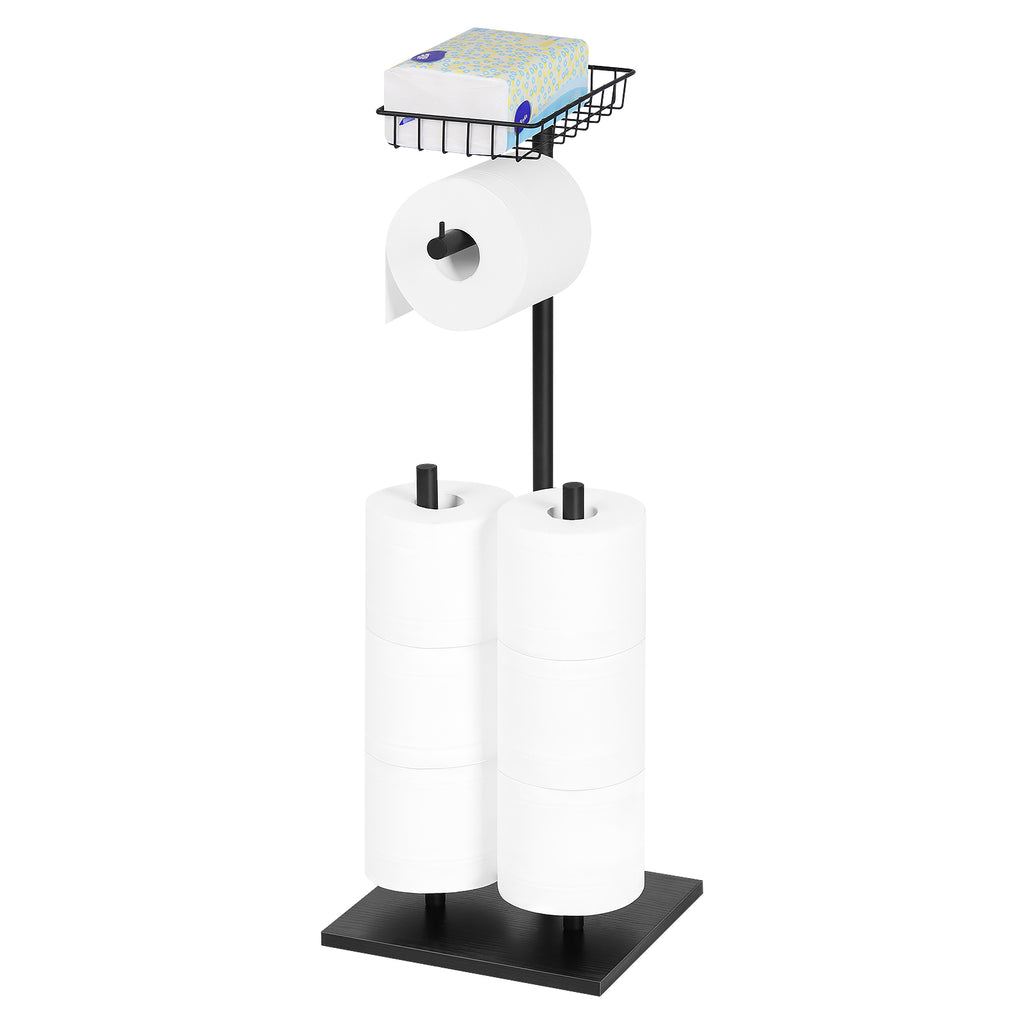 Two Pack Black Double Storage Rods with Basket Shelf, Freestanding Toilet Paper Holder, Holds 3 Rolls of Toilet Paper Rustproof Design, Non-Slip Stable Base