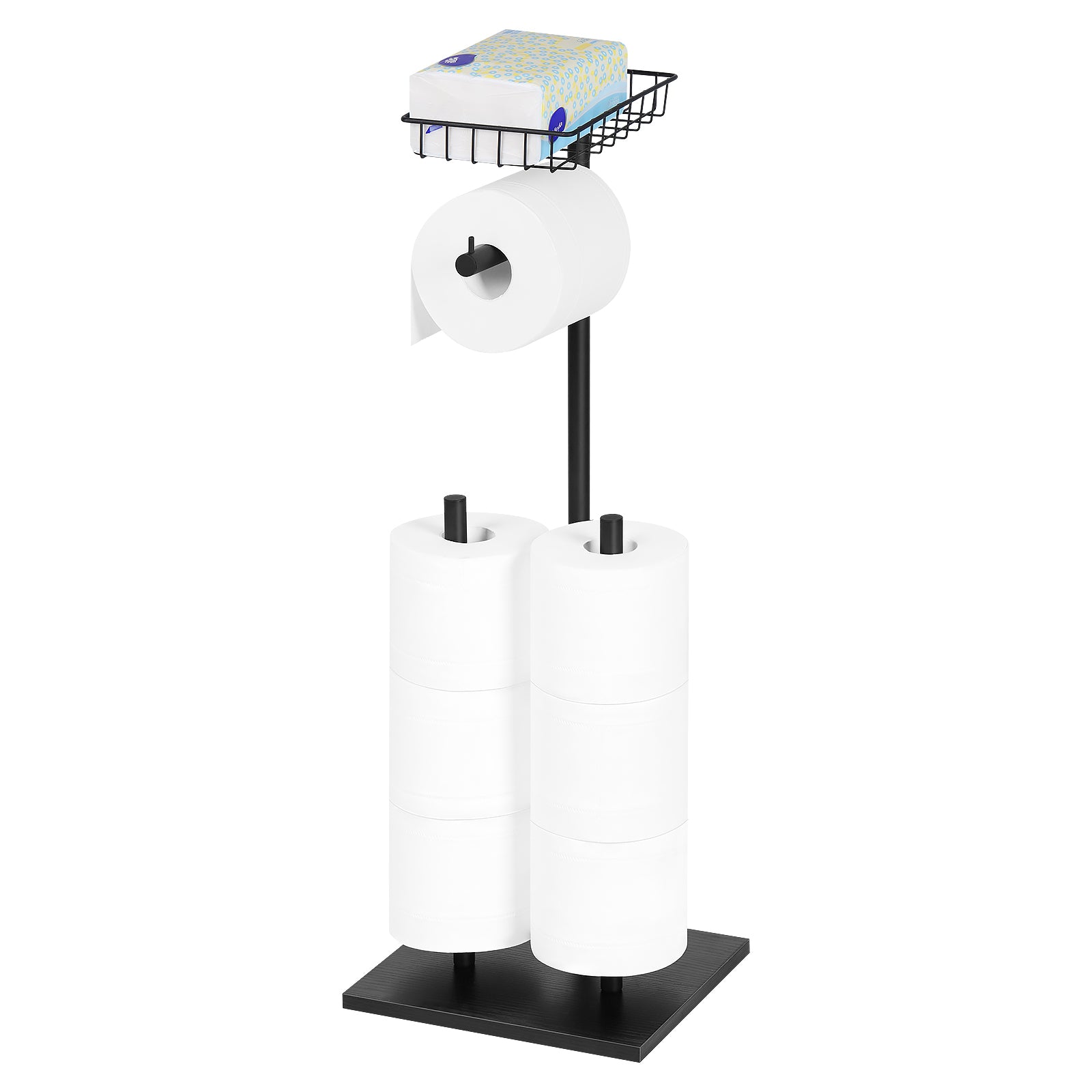 Two Pack Black Double Storage Rods with Basket Shelf, Freestanding Toilet Paper Holder, Holds 3 Rolls of Toilet Paper Rustproof Design, Non-Slip Stable Base