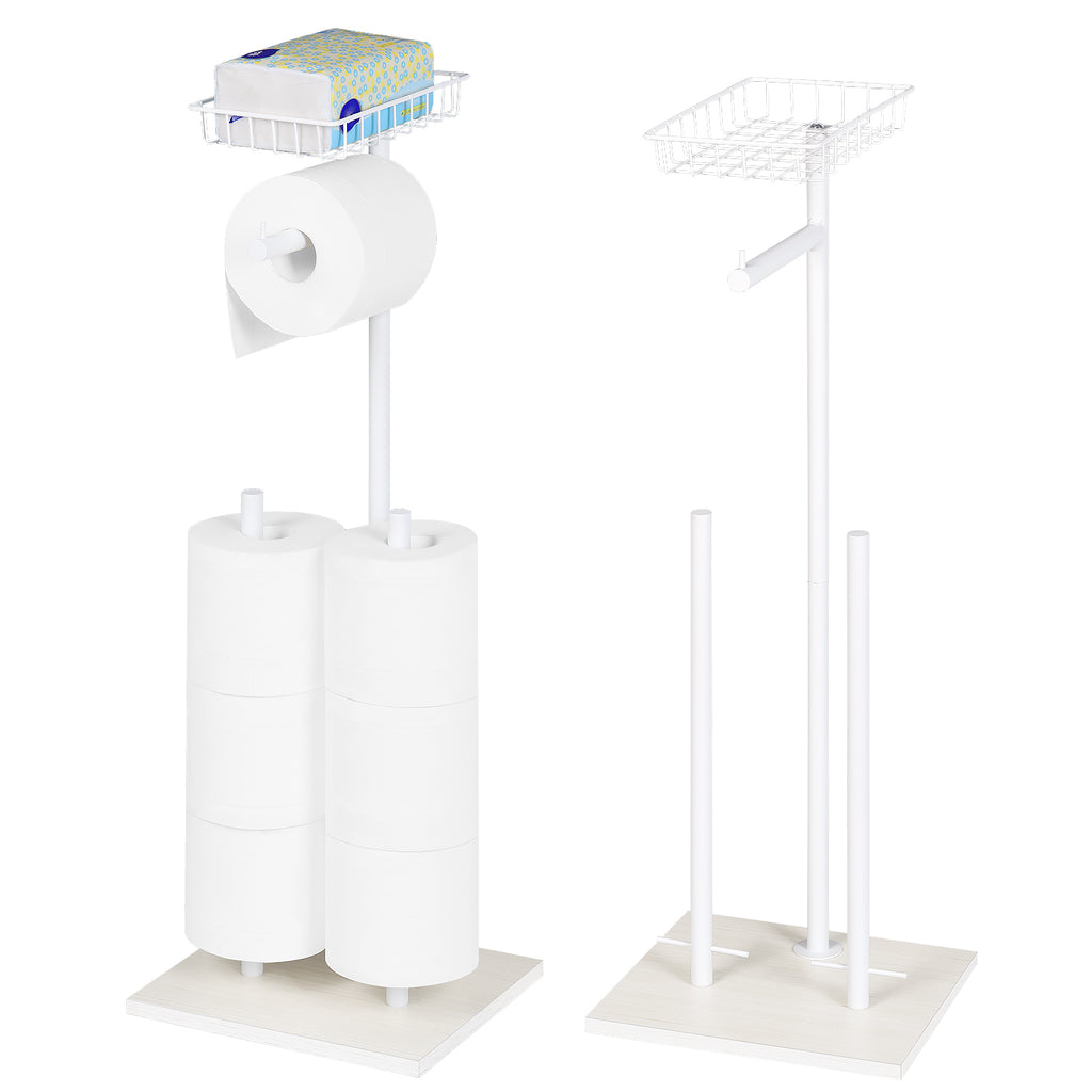 Two Pack Black Double Storage Rods with Basket Shelf, Freestanding Toilet Paper Holder, Holds 3 Rolls of Toilet Paper Rustproof Design, Non-Slip Stable Base