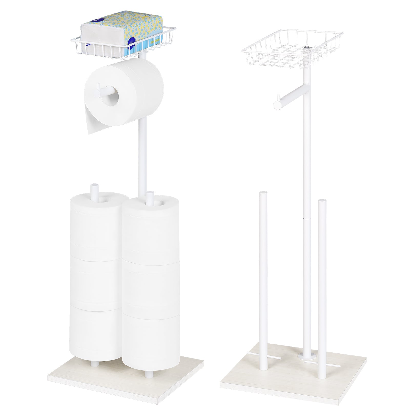 Two Pack Black Double Storage Rods with Basket Shelf, Freestanding Toilet Paper Holder, Holds 3 Rolls of Toilet Paper Rustproof Design, Non-Slip Stable Base