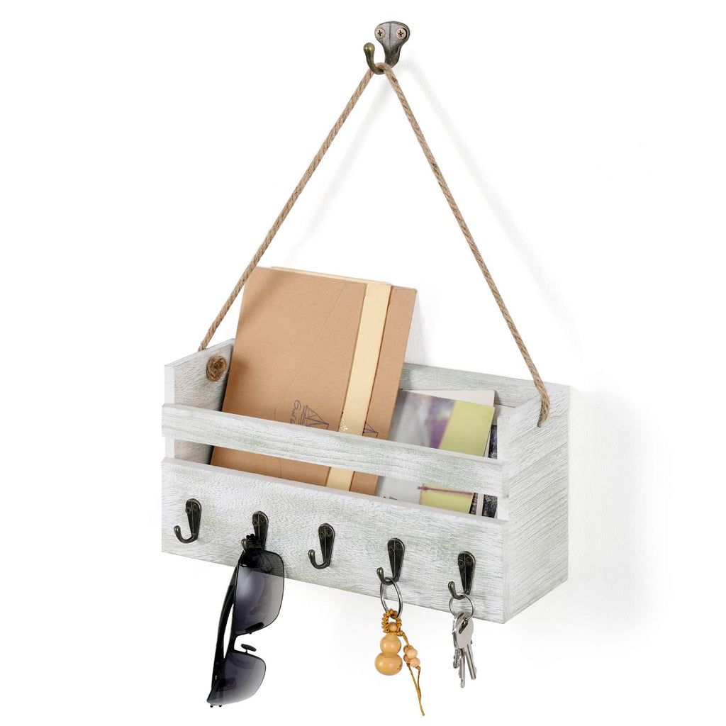 Sisal Rope Letter Slot Shelf Gray Off White, Wall Mounted Key Organizer with 5 Key Hooks, Mail Organizer for Foyers, Storage Rooms, Hallways