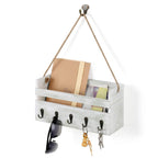 Sisal Rope Letter Slot Shelf Gray Off White, Wall Mounted Key Organizer with 5 Key Hooks, Mail Organizer for Foyers, Storage Rooms, Hallways