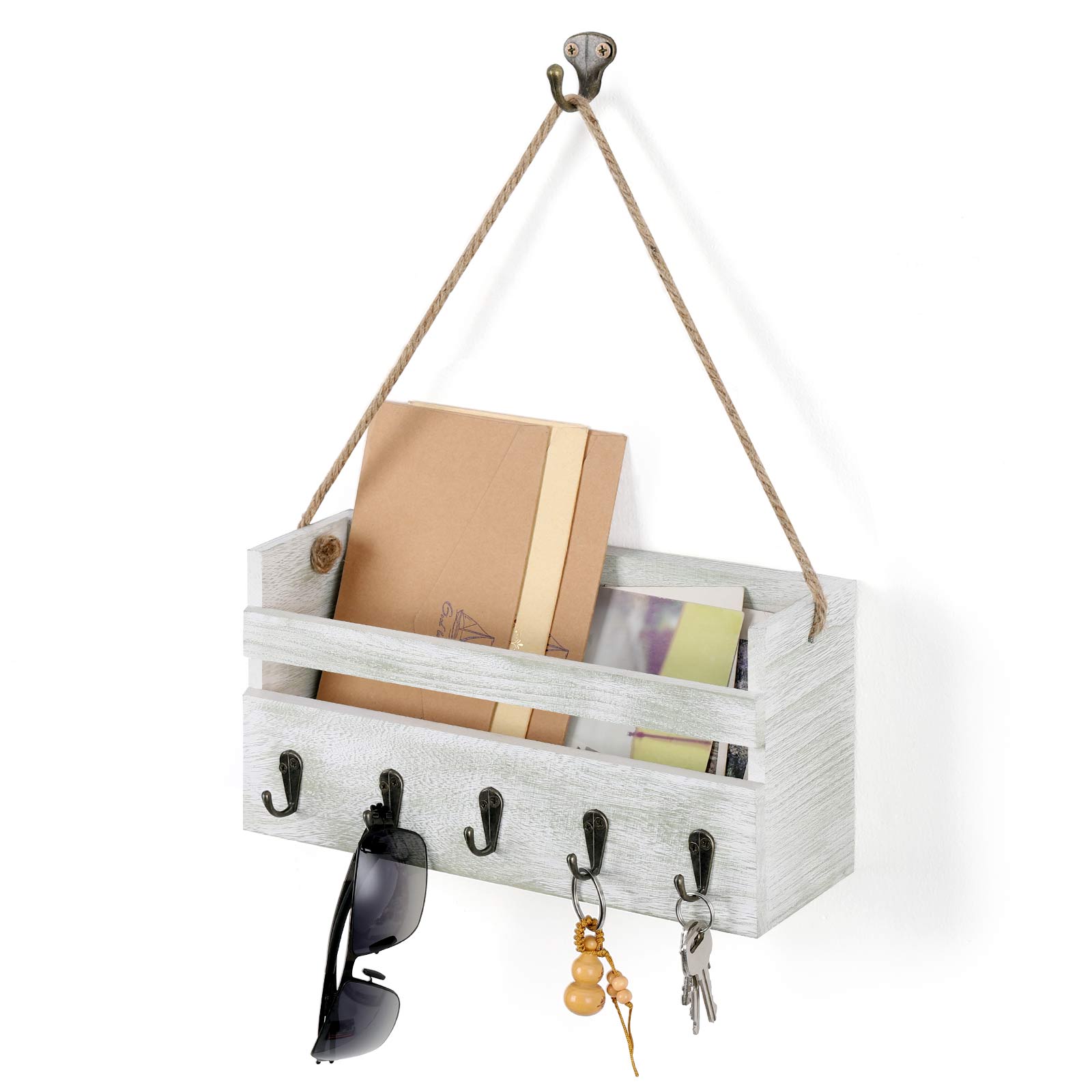 Sisal Rope Letter Slot Shelf Gray Off White, Wall Mounted Key Organizer with 5 Key Hooks, Mail Organizer for Foyers, Storage Rooms, Hallways