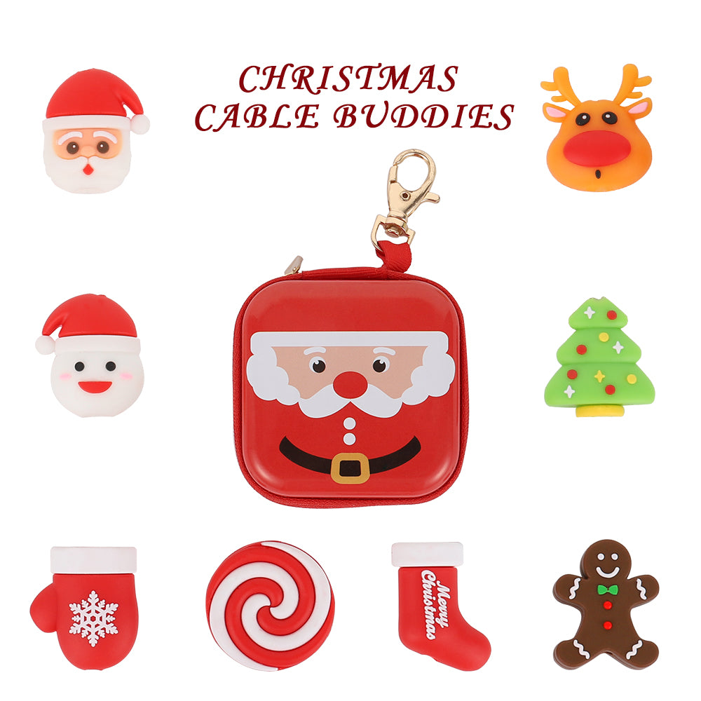 Set of 8 Festive Cable Protectors with Keychain Storage Case, Durable Anti-Break Protection for Charging Wires, Holiday Themed Data Cable Sleeves and Red Carrying Pouch, Ideal Christmas Stocking Stuffer