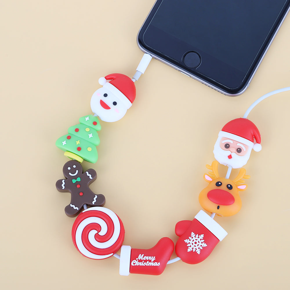 Set of 8 Festive Cable Protectors with Keychain Storage Case, Durable Anti-Break Protection for Charging Wires, Holiday Themed Data Cable Sleeves and Red Carrying Pouch, Ideal Christmas Stocking Stuffer
