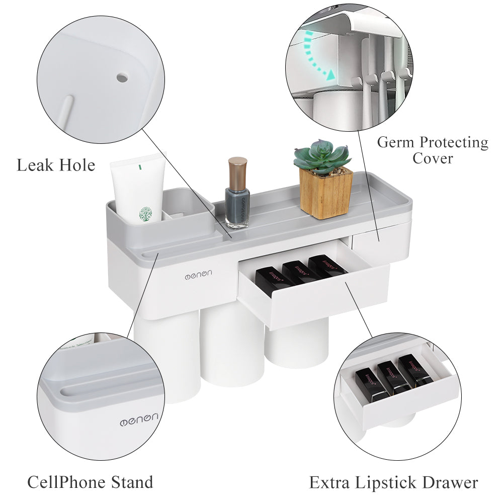 Wall-Mounted Magnetic Toothbrush Holder & Bathroom Organizer with 3 Cups, 6 Slots, and Storage Drawer