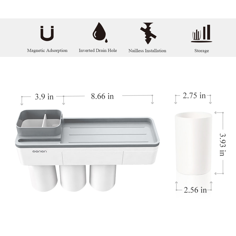 Wall-Mounted Magnetic Toothbrush Holder & Bathroom Organizer with 3 Cups, 6 Slots, and Storage Drawer