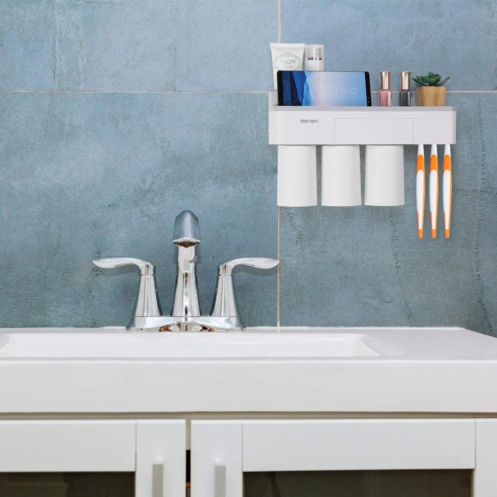 Wall-Mounted Magnetic Toothbrush Holder & Bathroom Organizer with 3 Cups, 6 Slots, and Storage Drawer