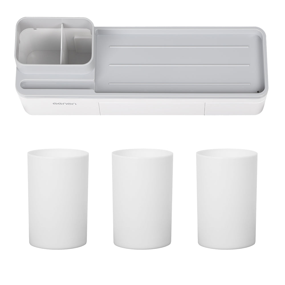 Wall-Mounted Magnetic Toothbrush Holder & Bathroom Organizer with 3 Cups, 6 Slots, and Storage Drawer