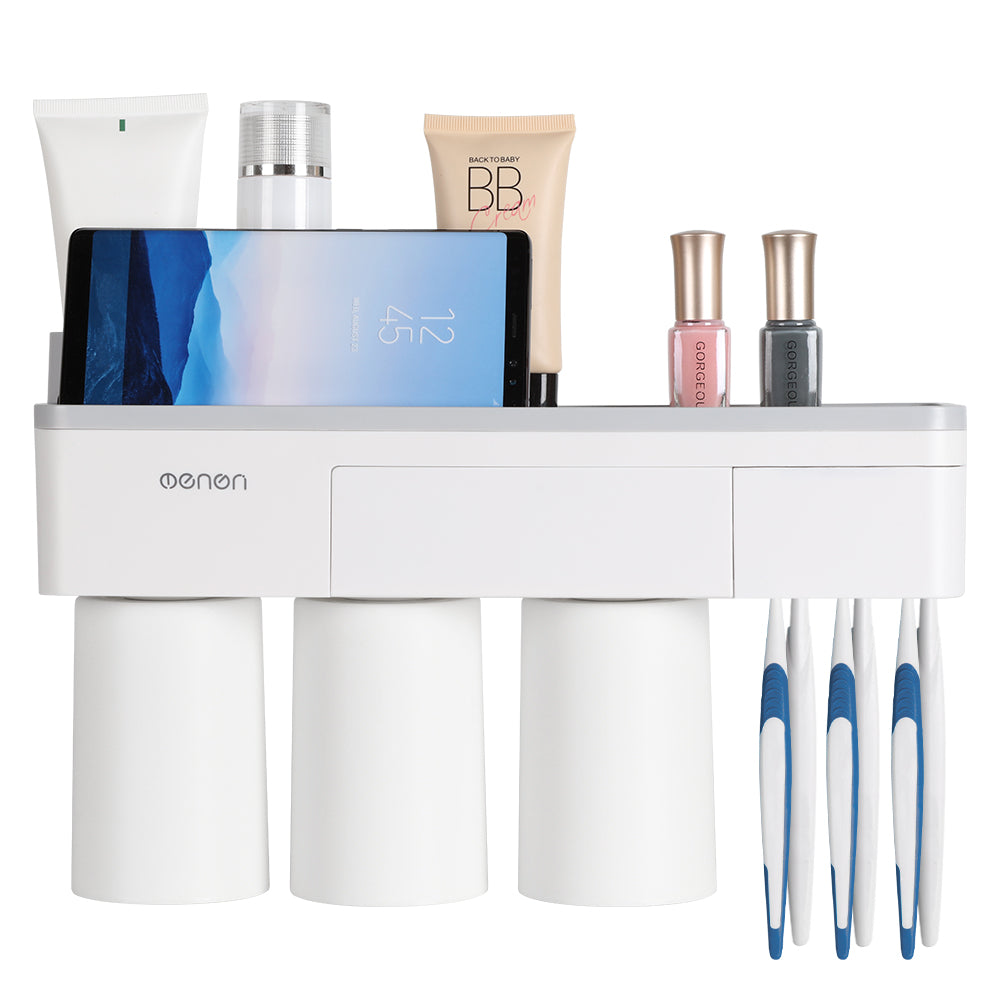 Wall-Mounted Magnetic Toothbrush Holder & Bathroom Organizer with 3 Cups, 6 Slots, and Storage Drawer