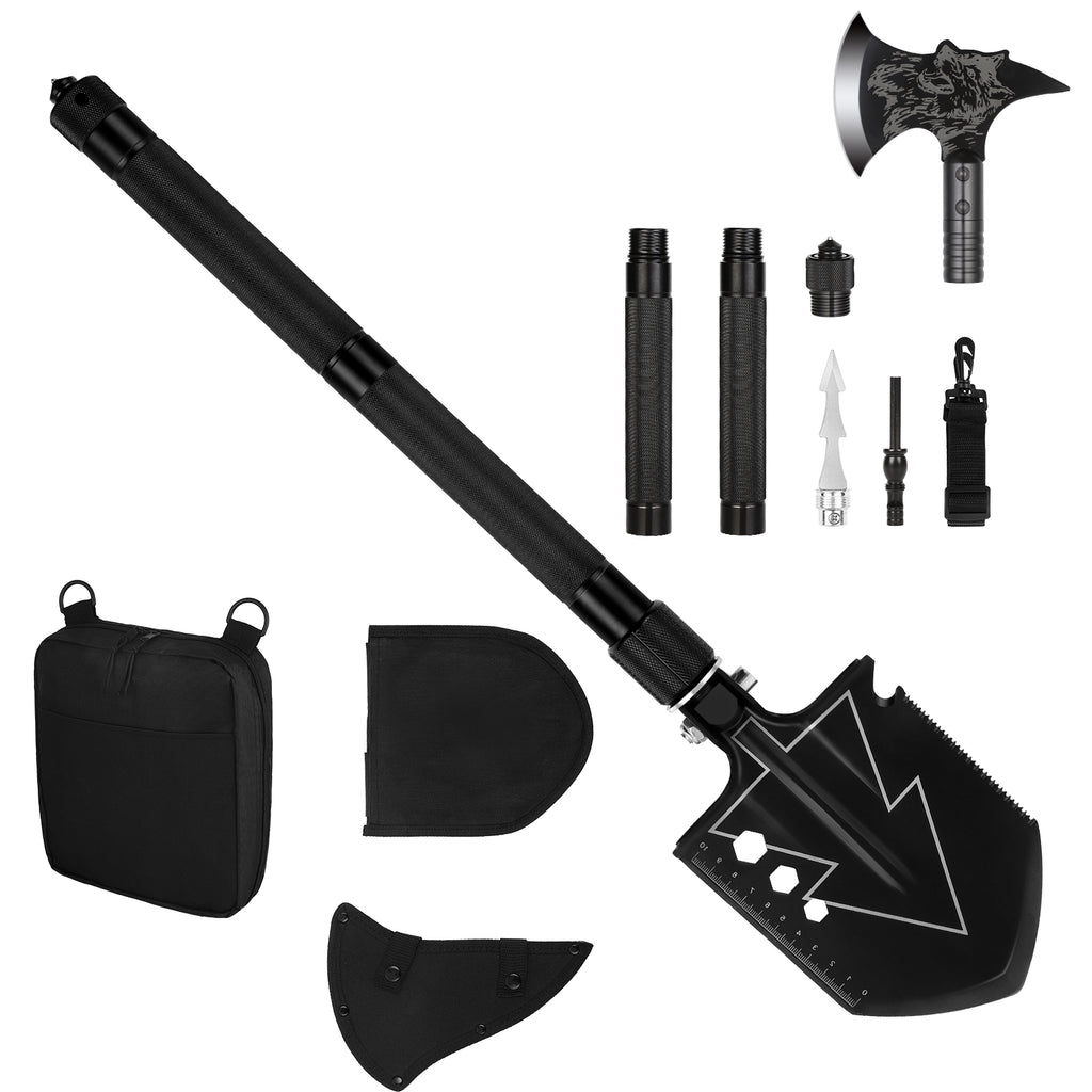 Multifunctional Survival Camping Shovel and Axe Set - 20-in-1 Tactical Folding Tool Gear with Carrying Case
