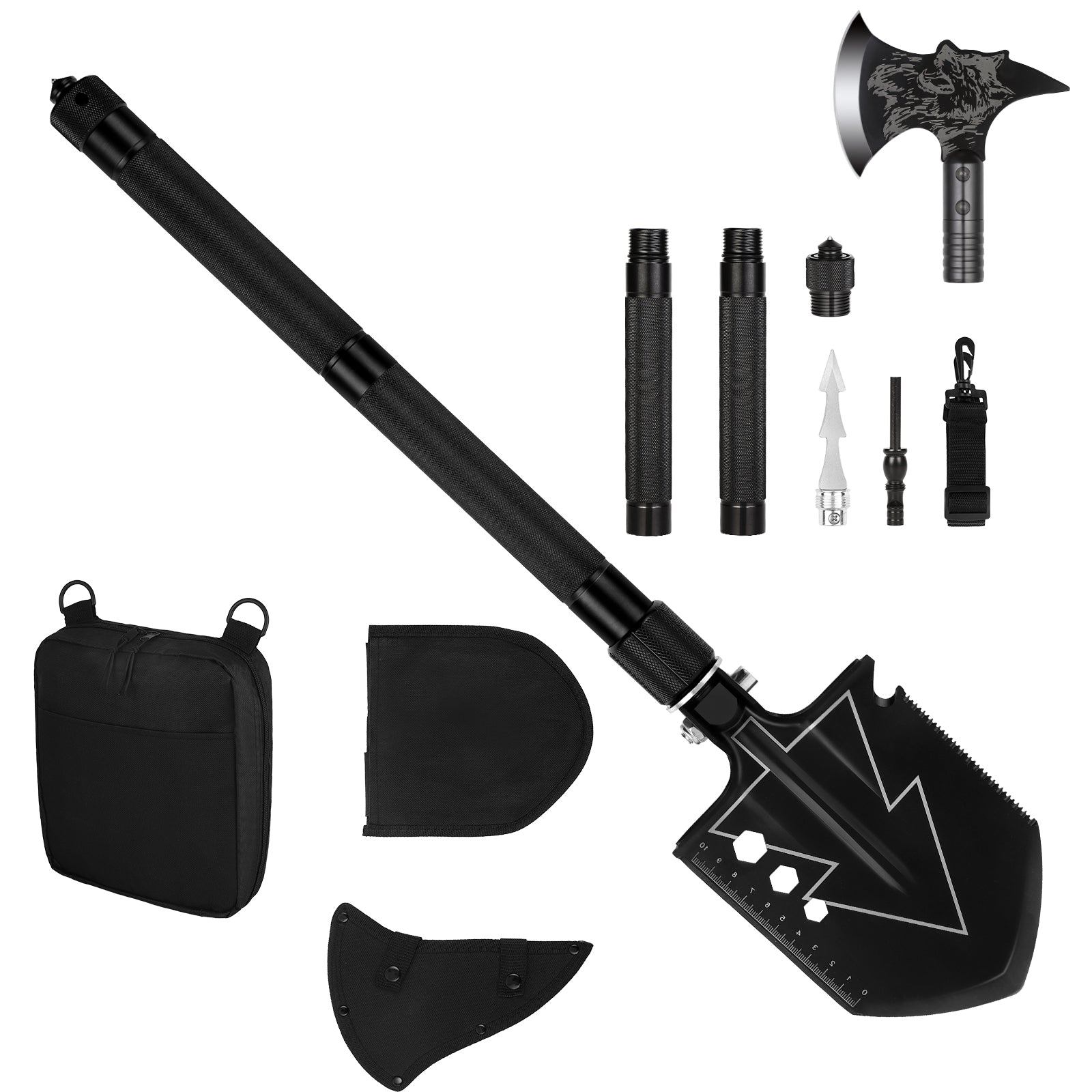 Multifunctional Survival Camping Shovel and Axe Set - 20-in-1 Tactical Folding Tool Gear with Carrying Case