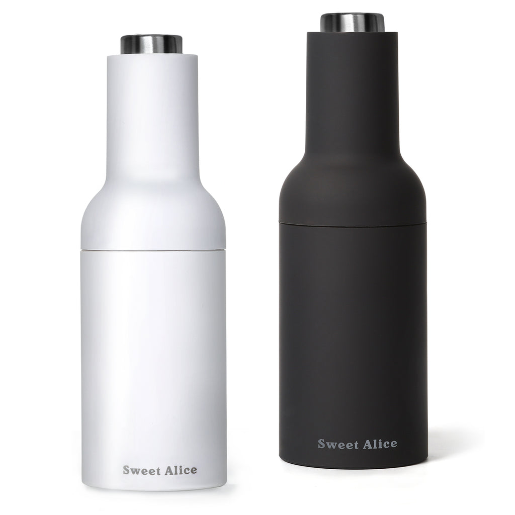 Gravity Automatic Salt and Pepper Grinder Set - Electric Battery Operated Mill with LED Light, Black & White