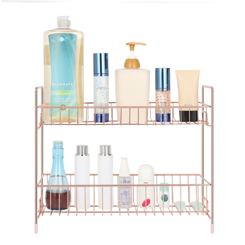 2-Tier Rose Gold Countertop Spice Rack Organizer - Elegant Metal Kitchen Storage Shelf for Jars and Bottles