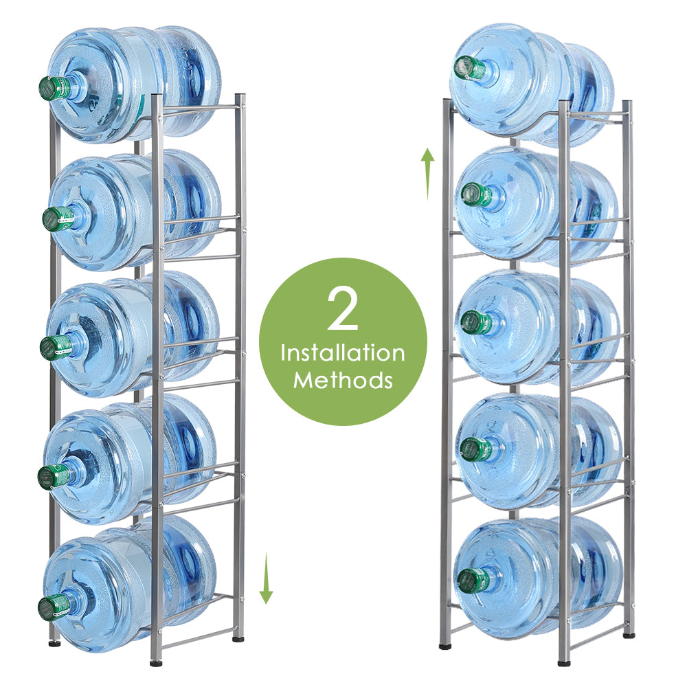 5-Tier Water Cooler Jug Rack, 5 Gallon Bottle Storage, Detachable Heavy Duty Holder for Home, Office (Silver)