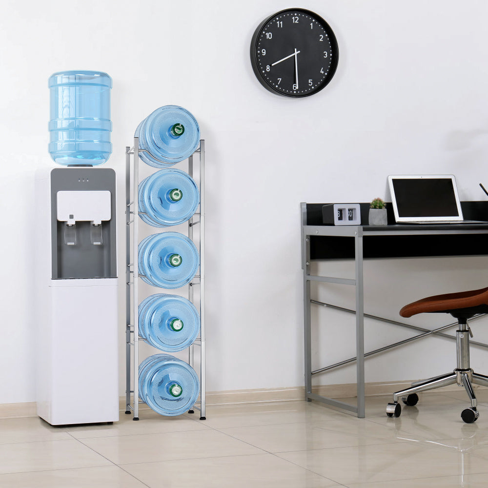 5-Tier Water Cooler Jug Rack, 5 Gallon Bottle Storage, Detachable Heavy Duty Holder for Home, Office (Silver)