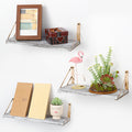 Distressed Wood Floating Wall Shelves with Gold Brackets - Decorative 3-Piece Set for Plants and Room Decor