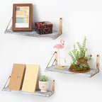 Distressed Wood Floating Wall Shelves with Gold Brackets - Decorative 3-Piece Set for Plants and Room Decor
