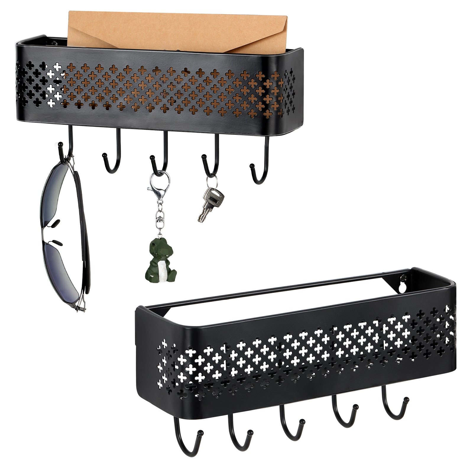 Wall Mounted Key & Mail Holder Set of 2 - Decorative Metal Entryway Organizer with 5 Hooks, Black