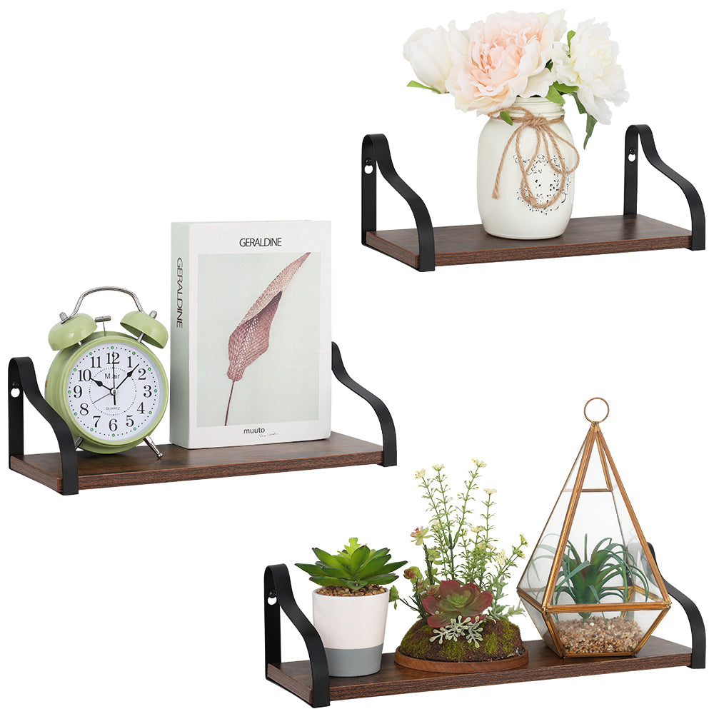 Floating Wall Shelves Set of 3 for Home Decor - Industrial Wood & Metal Hanging Racks for Bedroom & Bathroom